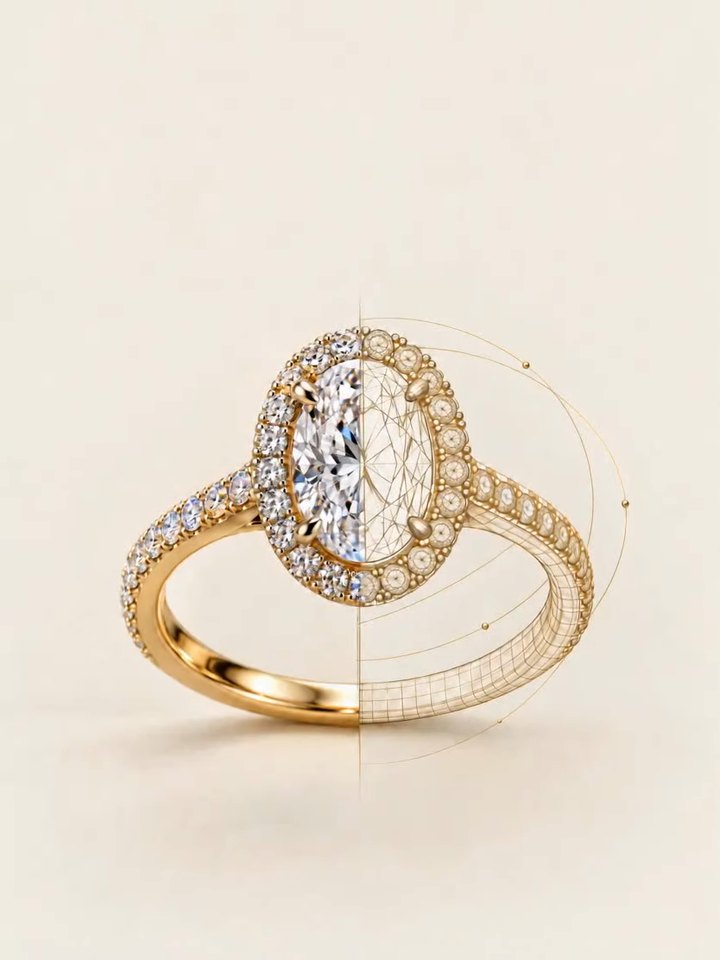 Oval halo engagement ring shown half as polished gold and diamonds, half as a gold 3D CAD wireframe